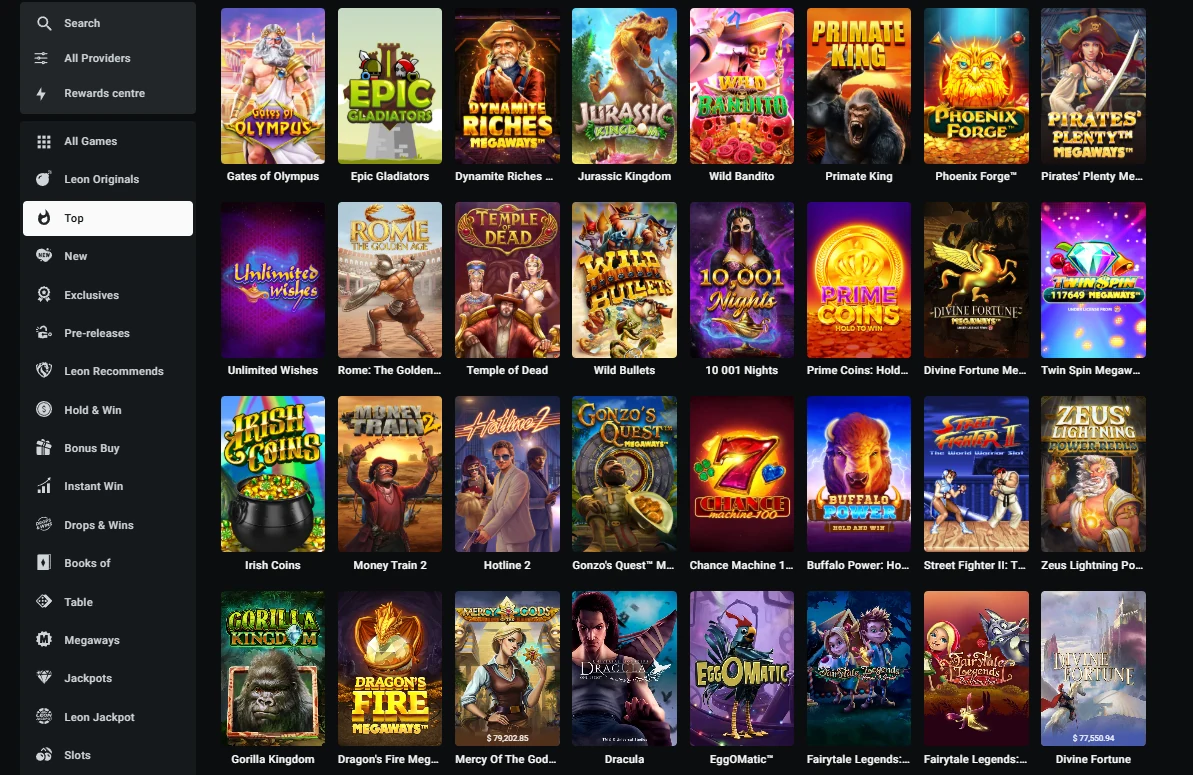 Desktop lobby view: a category rail on the left and rows of pokie tiles filling the grid