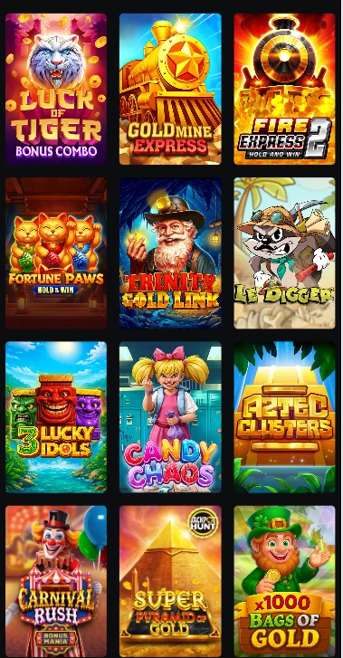 Pokies lobby on a phone: three tiles per row of five-reel and hold-and-win titles