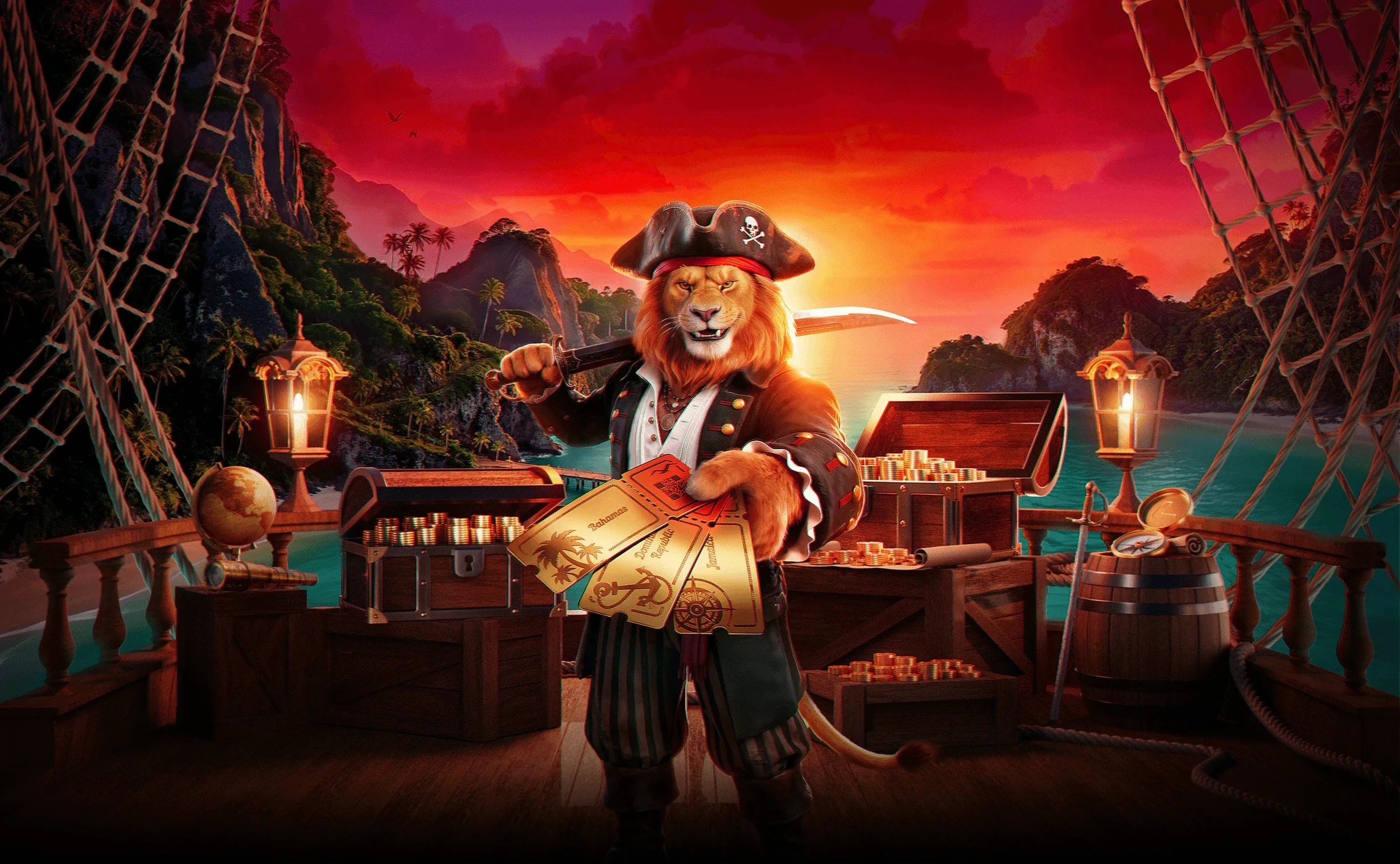 LEON pokies artwork: a lion pirate opening a treasure chest