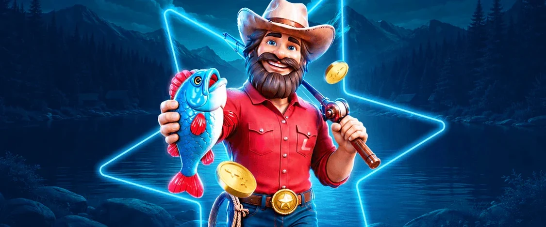 LEON pokies artwork: an angler holding his catch inside a neon star