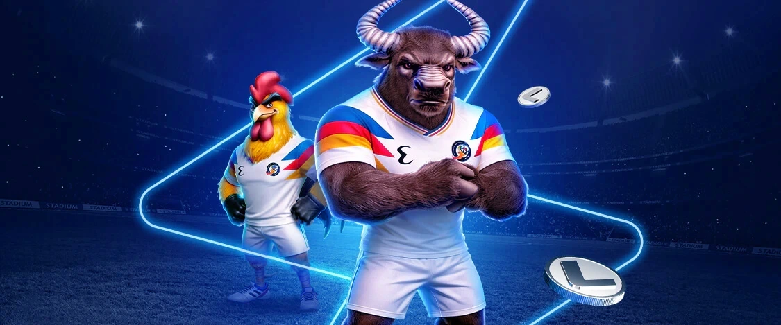 LEON sport artwork: a bull in rugby kit on a floodlit stadium