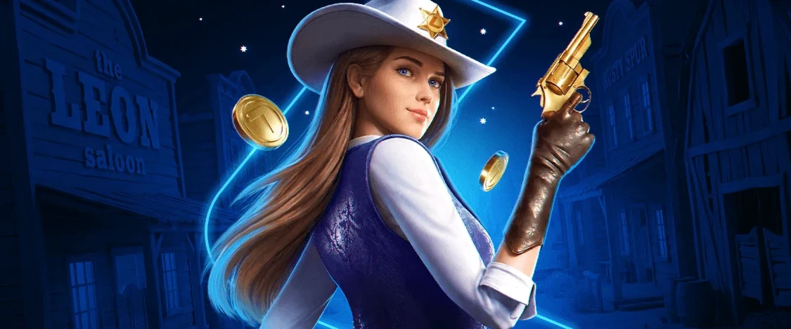 LEON artwork: a cowboy heroine standing outside the LEON saloon