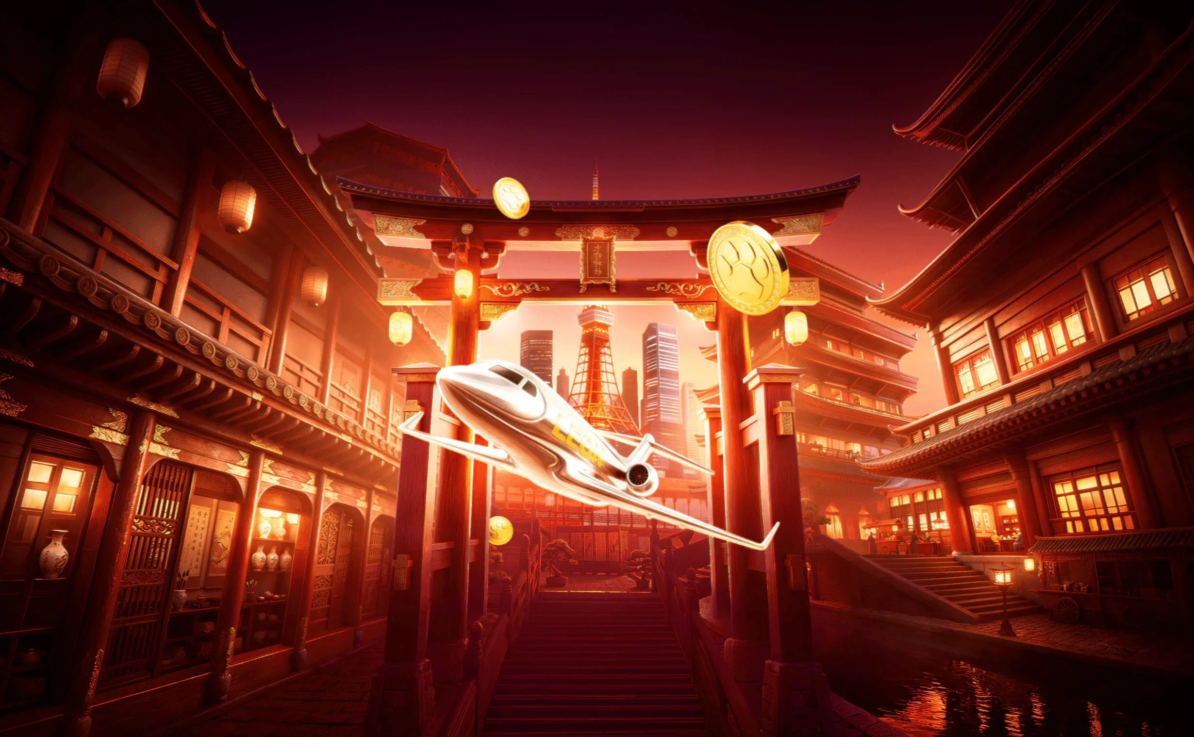 LEON artwork: a lantern-lit street leading to a temple at night