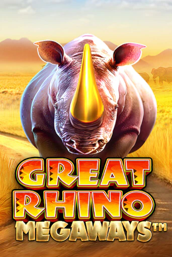 Great Rhino Megaways pokie tile with a rhino on the savannah